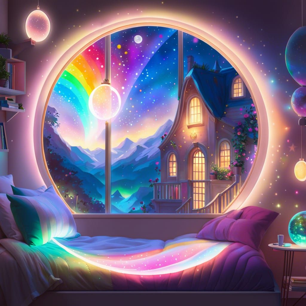 Magical Bedroom with Rainbow Glitter and Starry Night