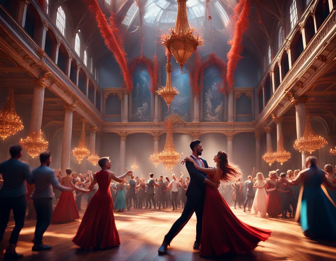 Couple Dancing in Grand Hall, Detailed Matte Painting