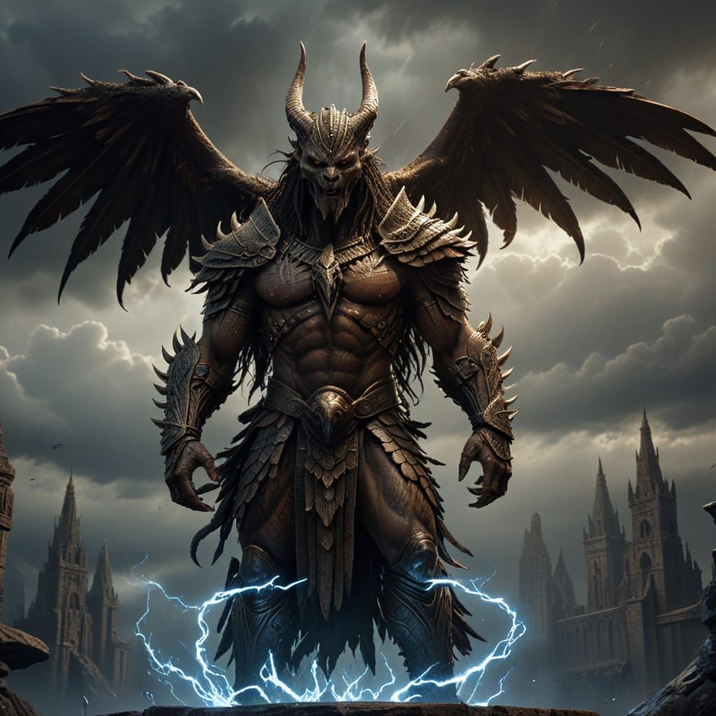 Majestic Half-Breed Deity with Fierce Wings and Golden Accen...