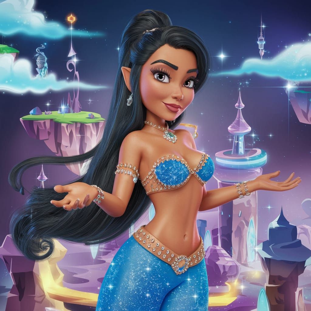 Cartoon Woman Genie Grants Wishes in Magical City