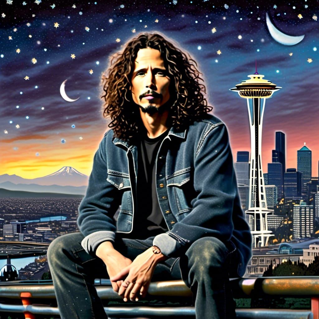 Grunge Icon in Plaid Flannel, Seattle Skyline