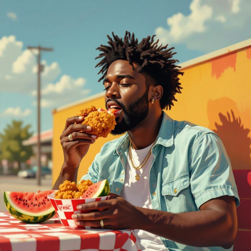 Black Man Eating Chicken in Vibrant Street Art Style