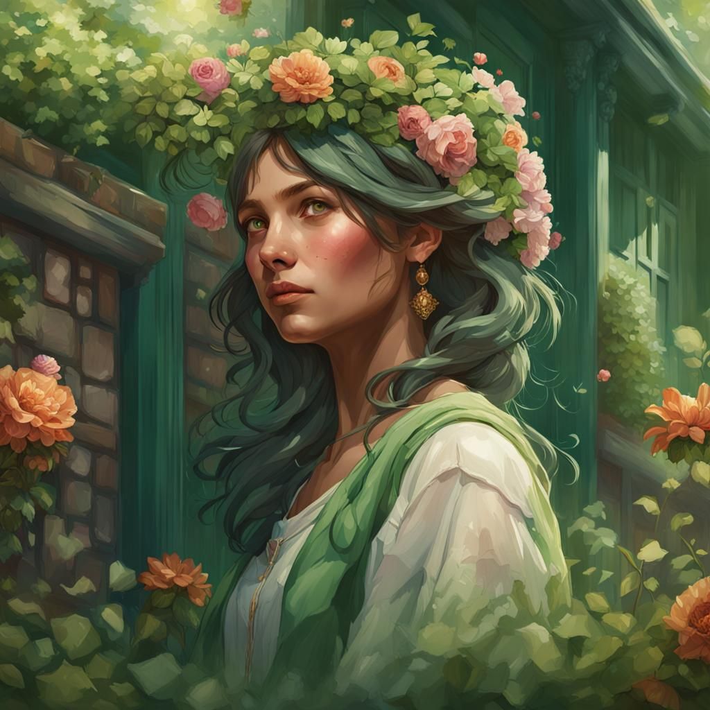 Green Floral House Portrait in Art Nouveau Style