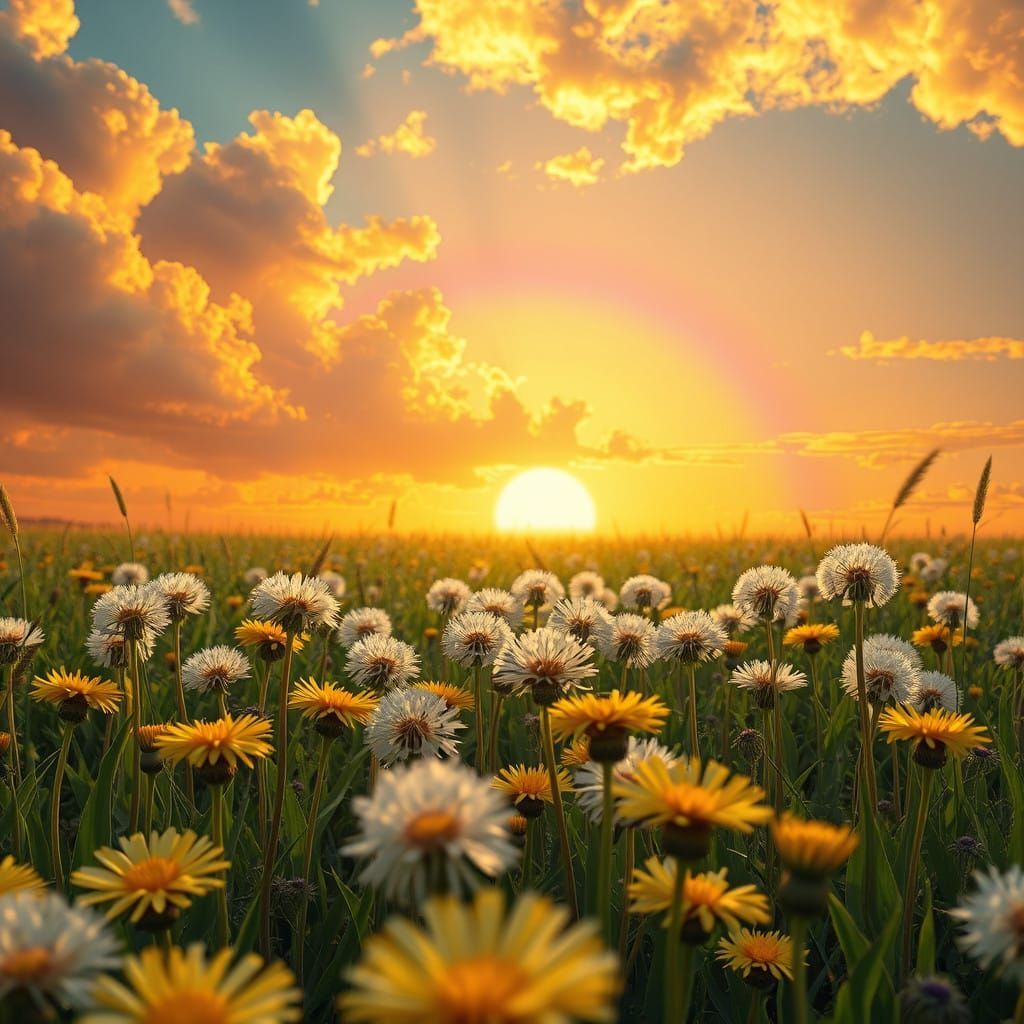 Dazzling Sunset Scene with Dandelions and Rainbow