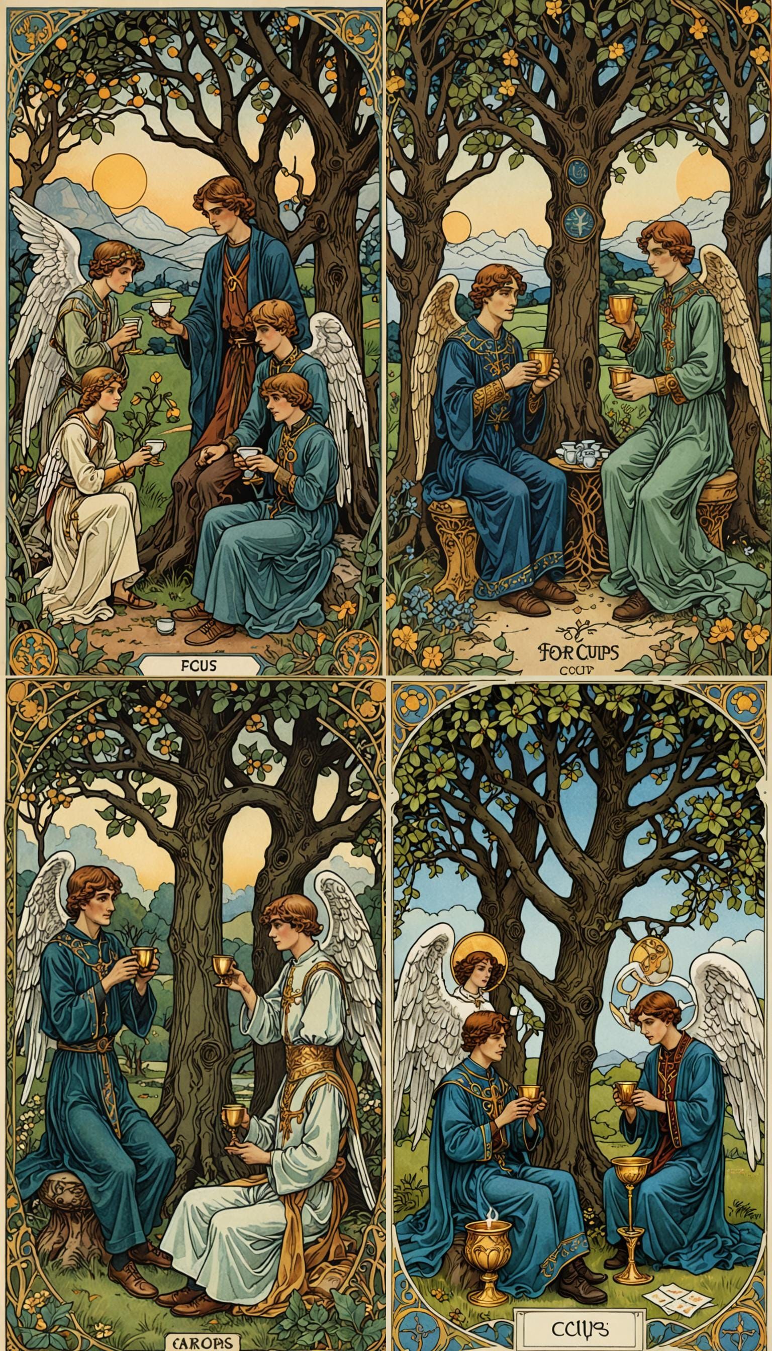 Four of Cups Tarot Card in Art Nouveau Style