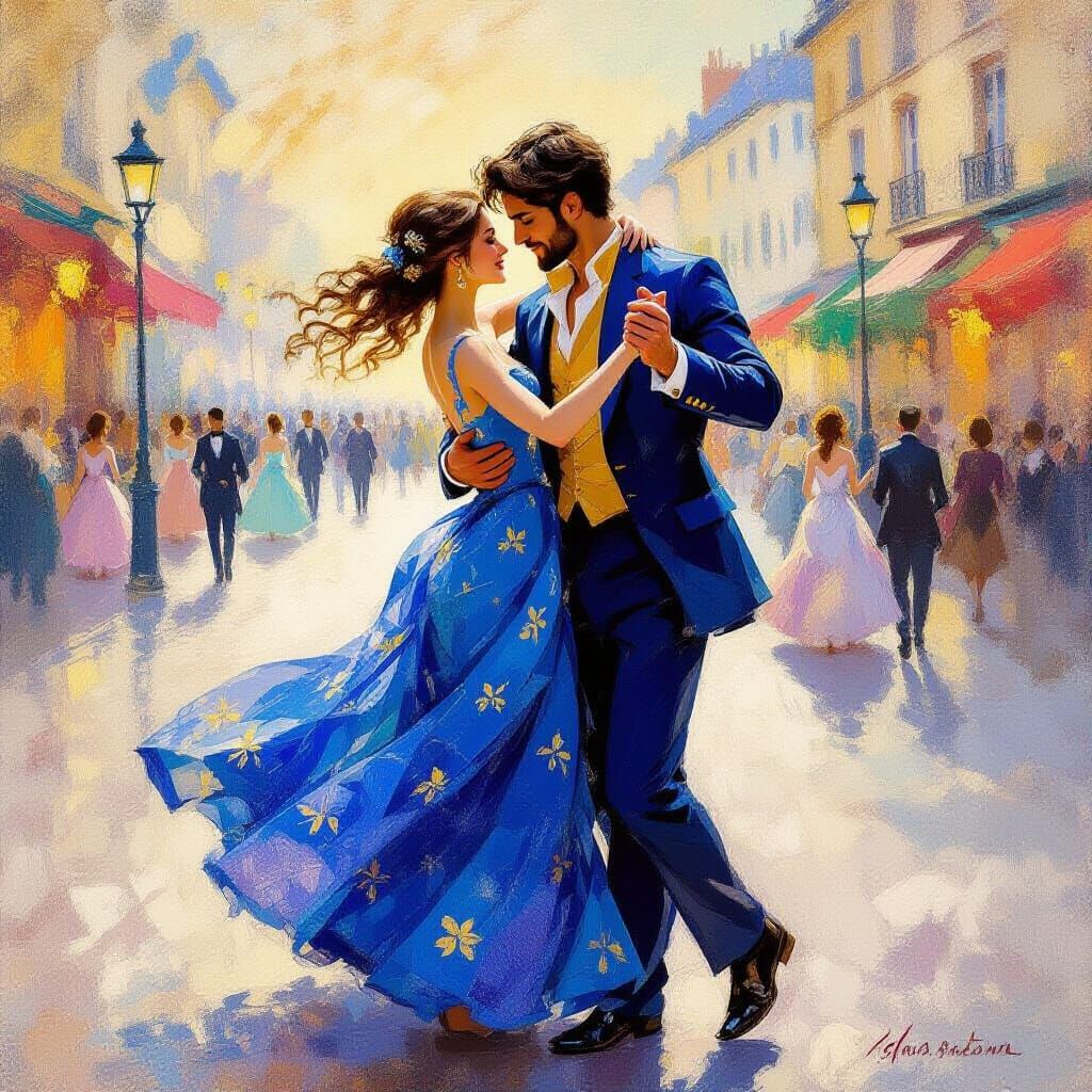 Couple Dancing in Impressionistic City Square