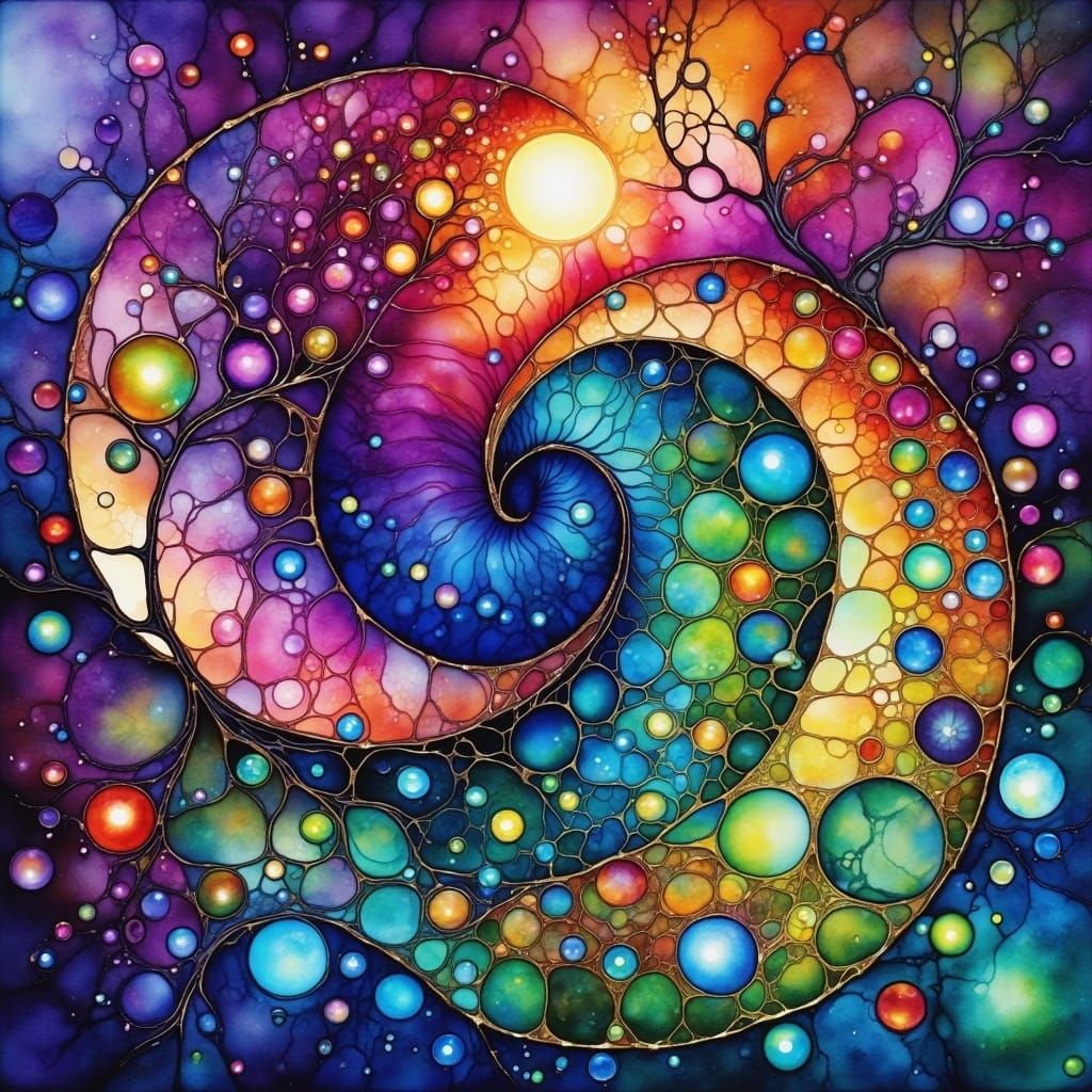 Alcohol Ink Abstract with Purple, Emerald, and Crescent Moon