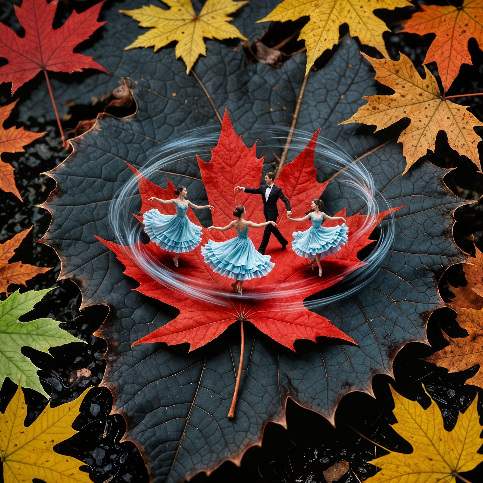 Dancers Swirling on a Red Maple Leaf