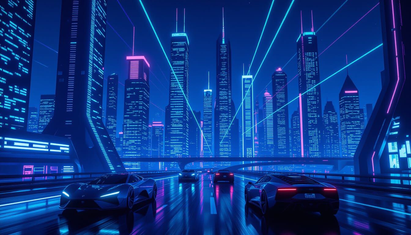 Neon Futuristic Cityscape at Night in Cyberpunk Style