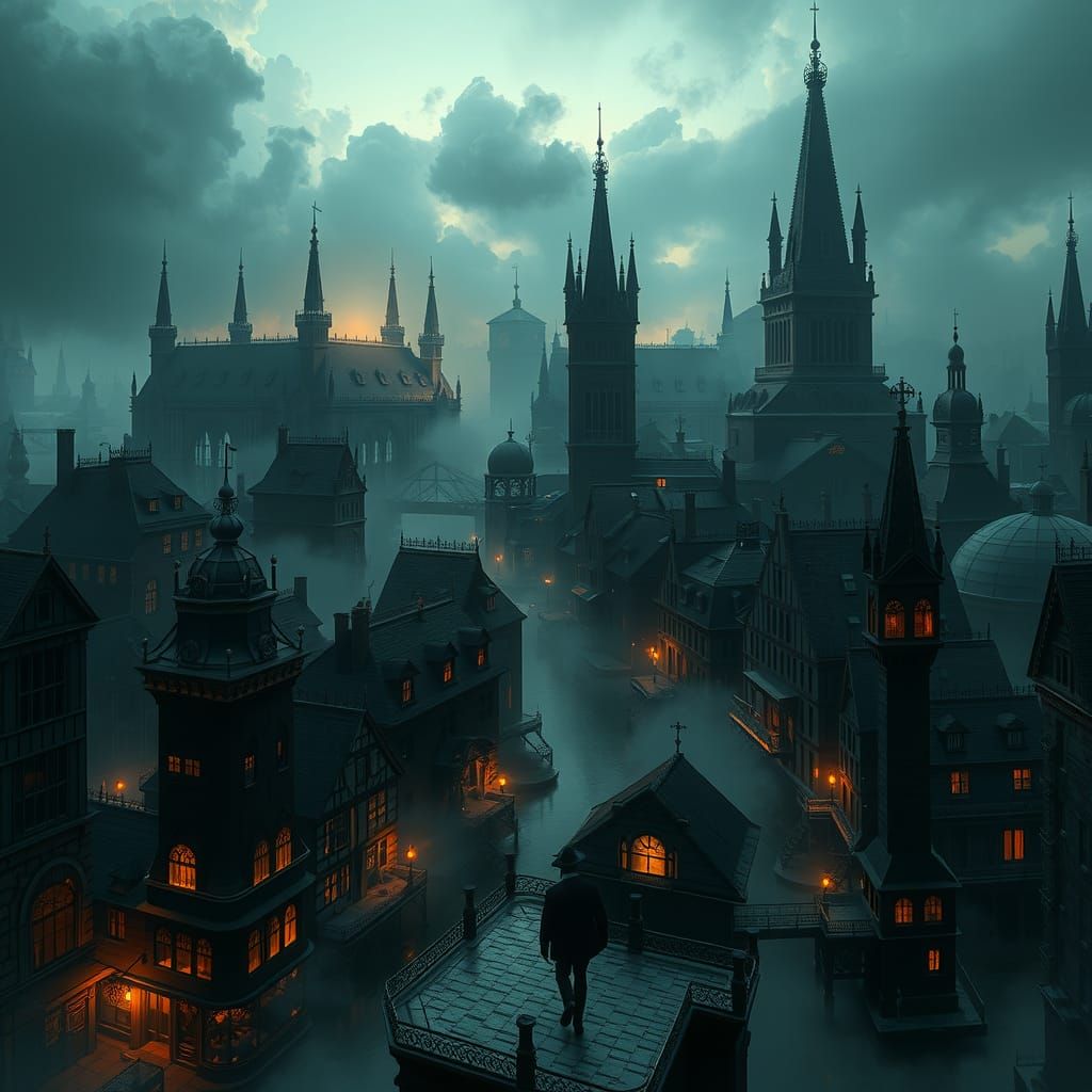 Gothic Cityscape Inspired by Steampunk and Dark Fantasy Art