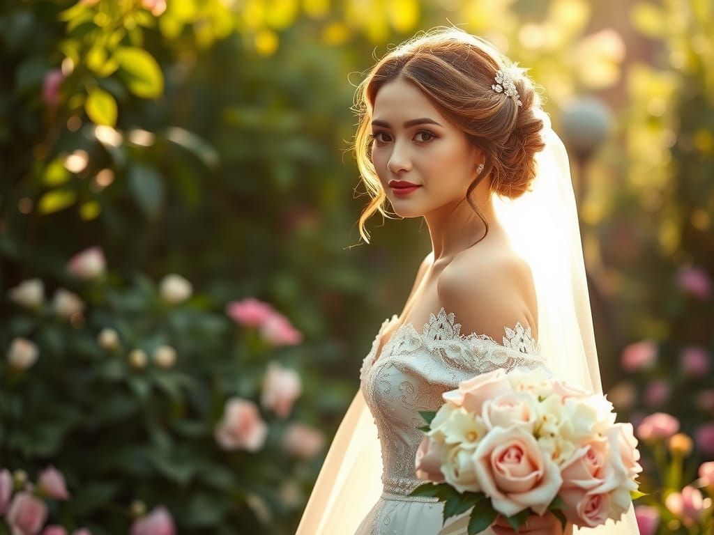 Serene Bride in Flowing Gown with Floral Bouquet