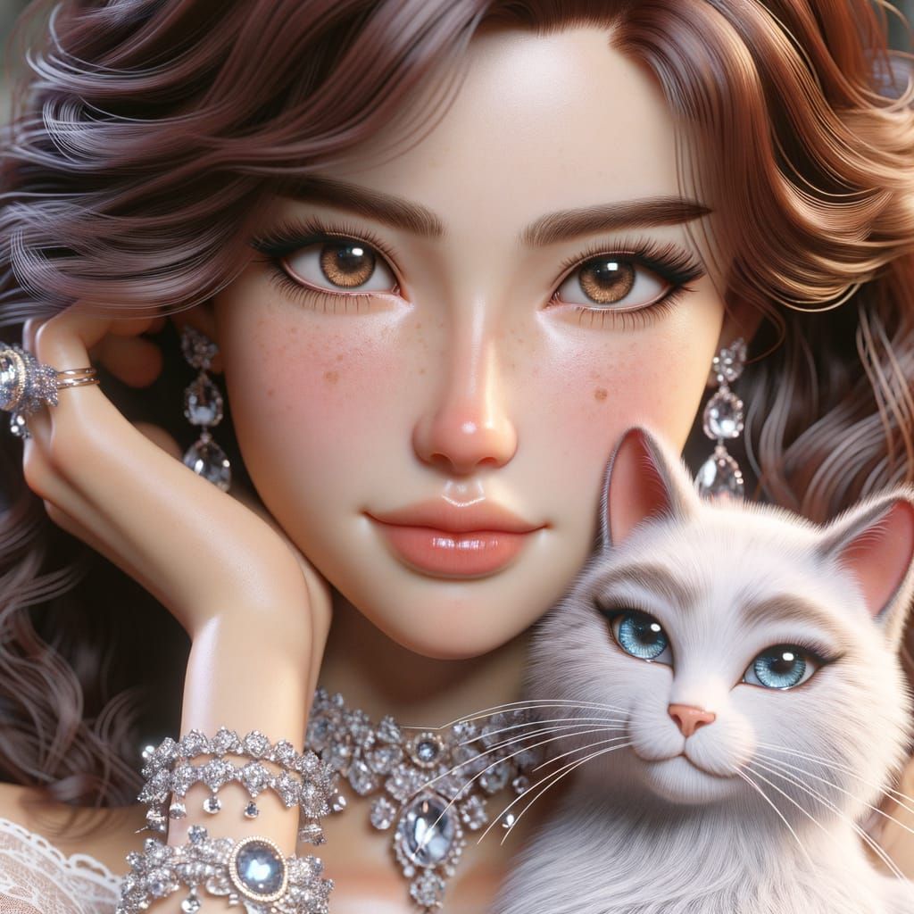 Beautiful Woman with White Cat, Crystal Jewelry