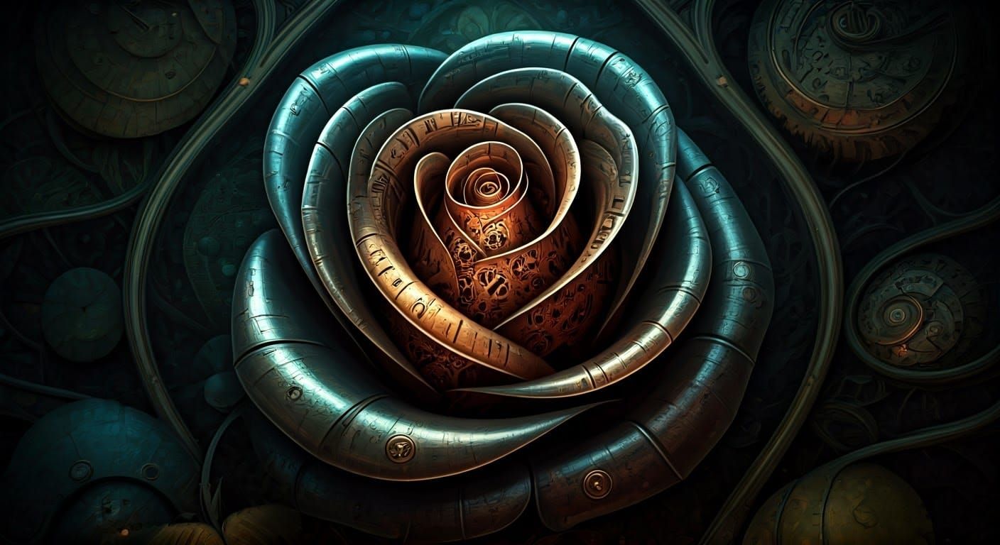 Majestic Clockwork Rose Blooms with Intricate Gears and Peta...