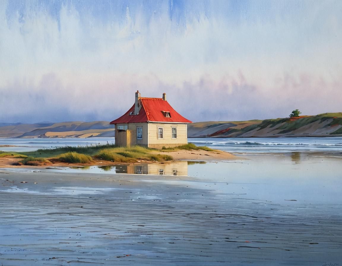 Red Roof House by the Sea: Watercolor Painting