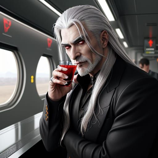 A silver-haired hot vampire beefcake with fangs out, posed to drink blood from a local human on a high-speed train. Zdzi...