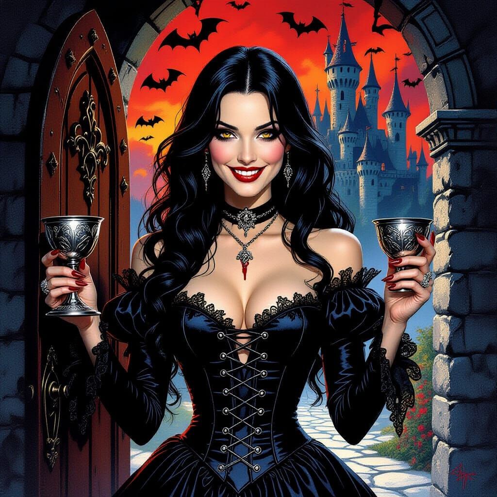 Gothic Vampire Woman in Dark Fantasy Castle