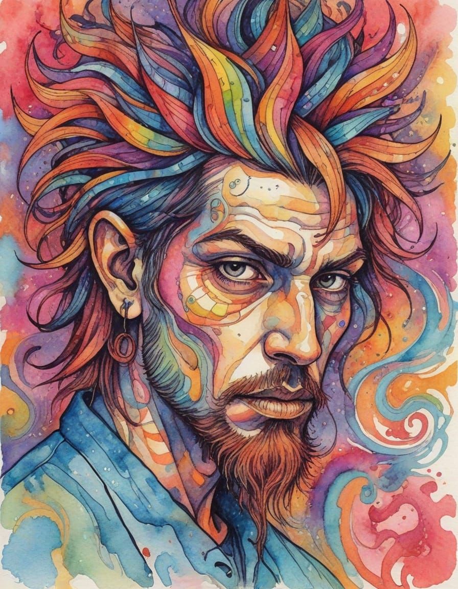 Psychedelic Watercolor and Ink Painting with Surreal Details