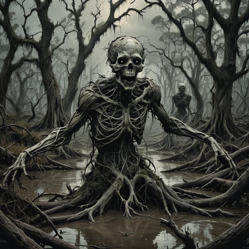 Dark Surrealism: Crawling Figure in Louisiana Swampland
