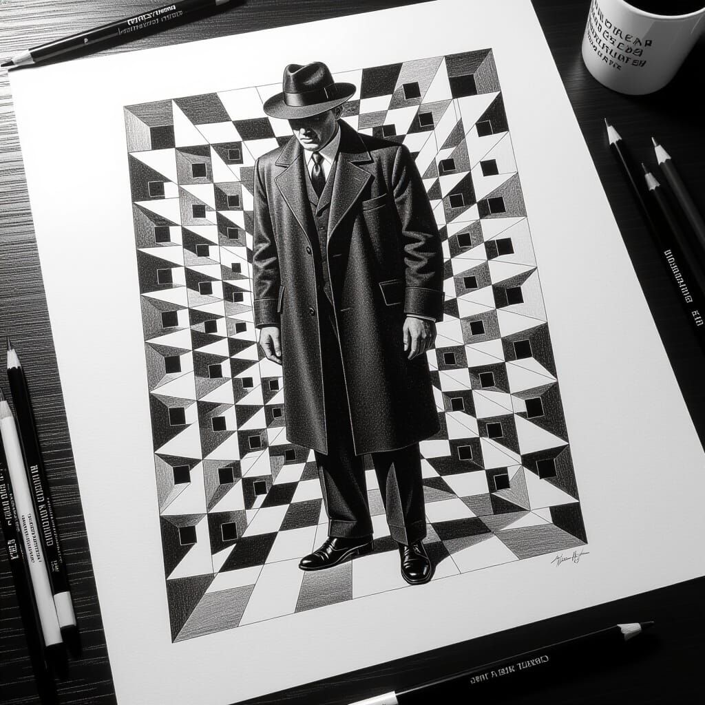 Monochrome Man in Escher-Style Grid Drawing