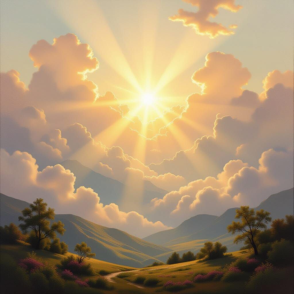 Heavenly Sunshine Through Clouds in Oil Painting Style
