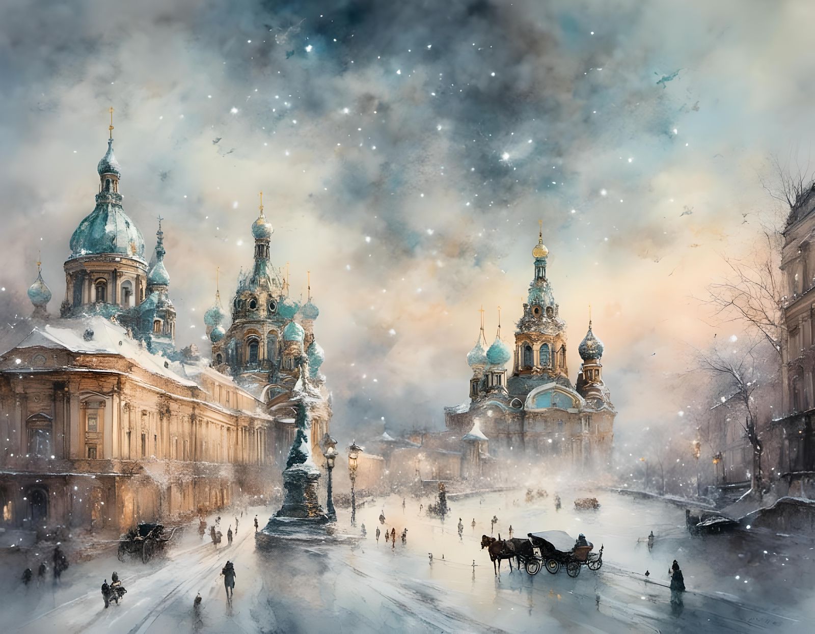 Pastel Watercolor of Snowy Saint Petersburg
