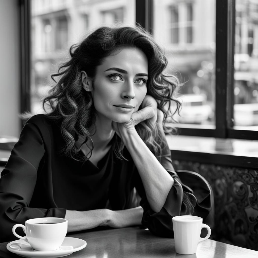 Contemplative Woman in Cafe: Black and White Photography