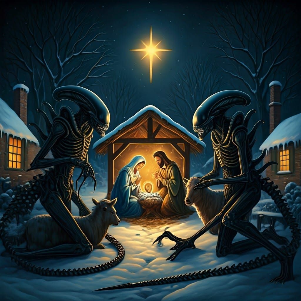 Ethereal Xenomorph Nativity Scene, a Whimsical Nightmare in....