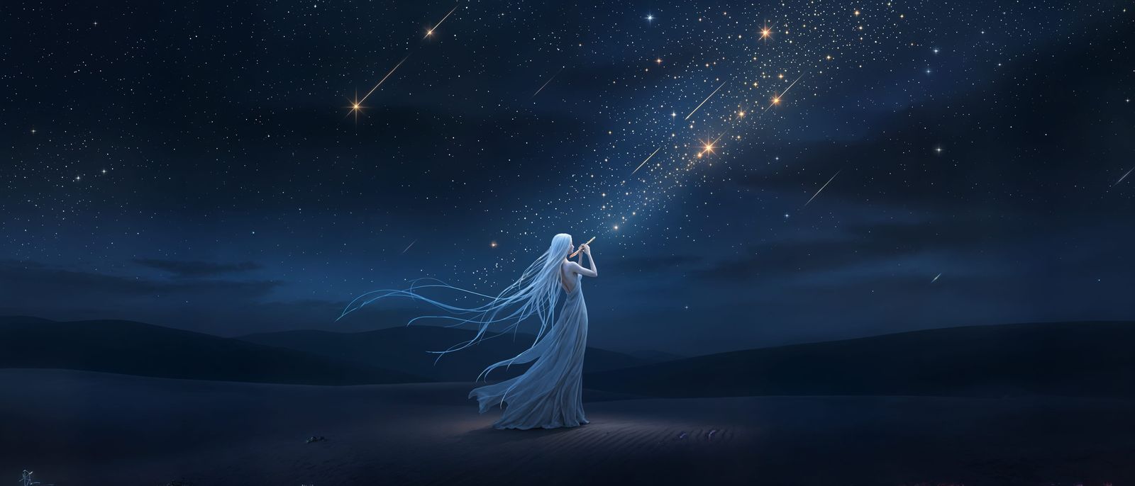 Ethereal Cosmic Flautist Under Desert Stars