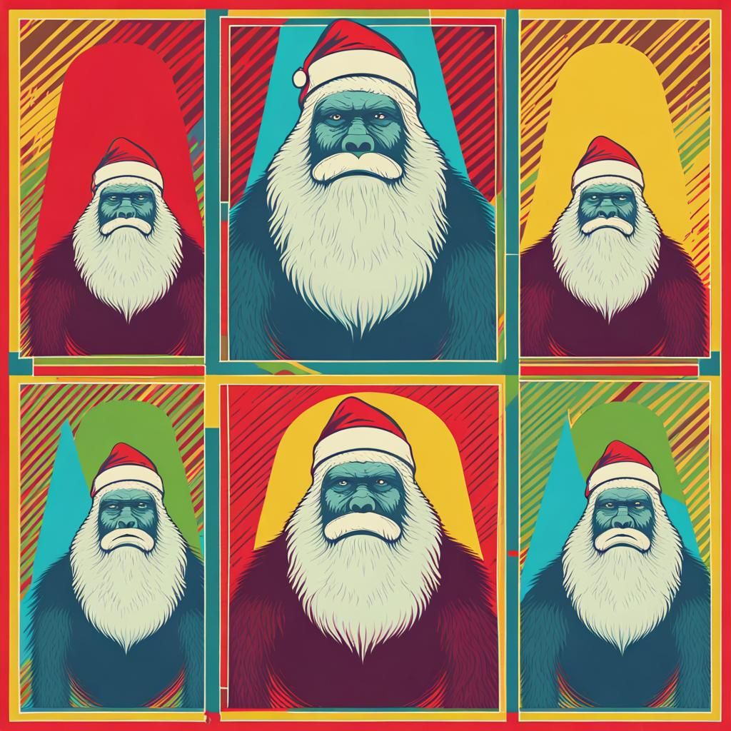 Bigfoot as Santa Claus Distributing Gifts