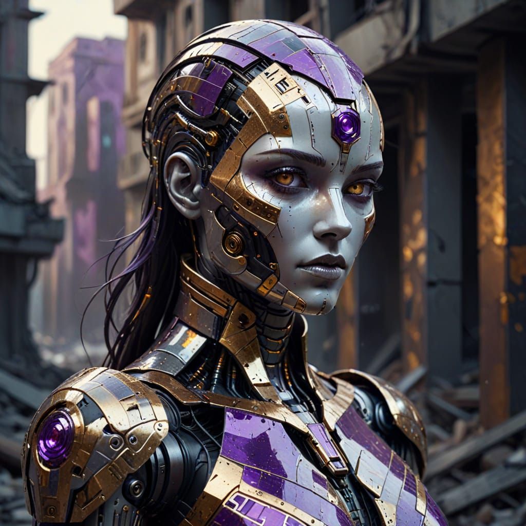 Cyberpunk Robot Villain Portrait in Klimt-Inspired Style