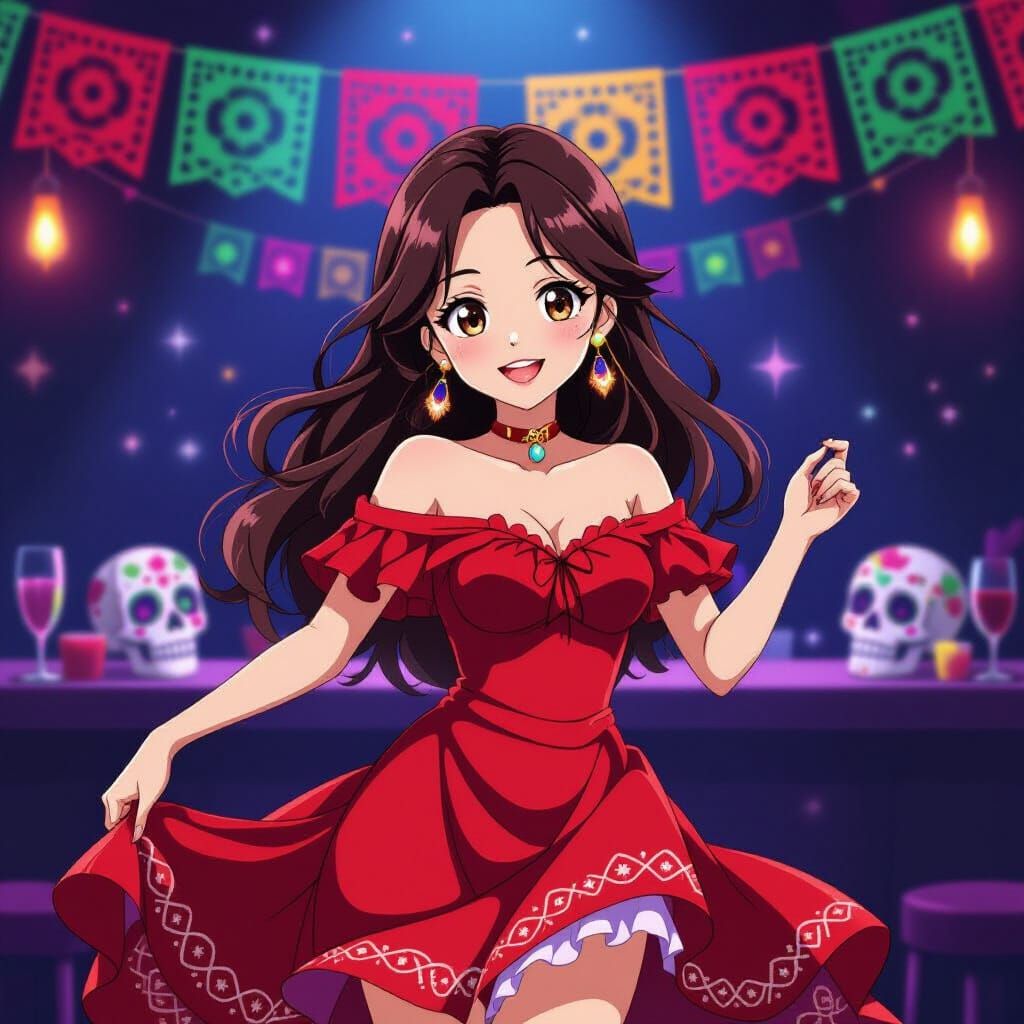 Anime Latina Witch Princess Dancing Samba in Day of the Dead...