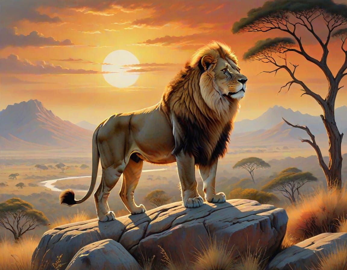 Majestic Lion in Vibrant Sunset Savannah
