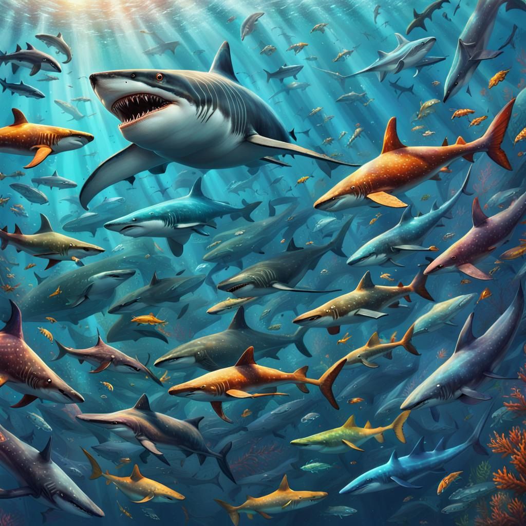 Hyperrealistic Shark Surrounded by Sea Creatures