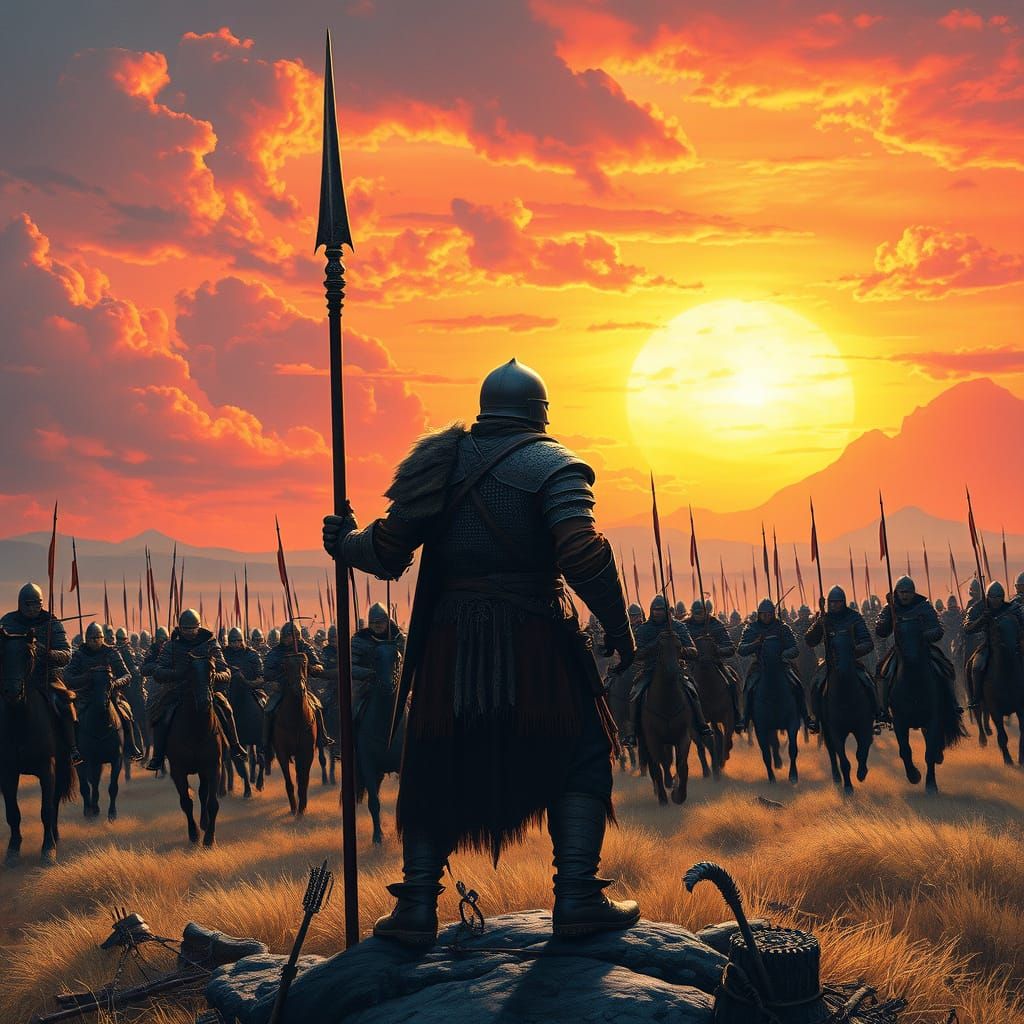 Slavic Warrior Confronts Mongol Horde at Sunset