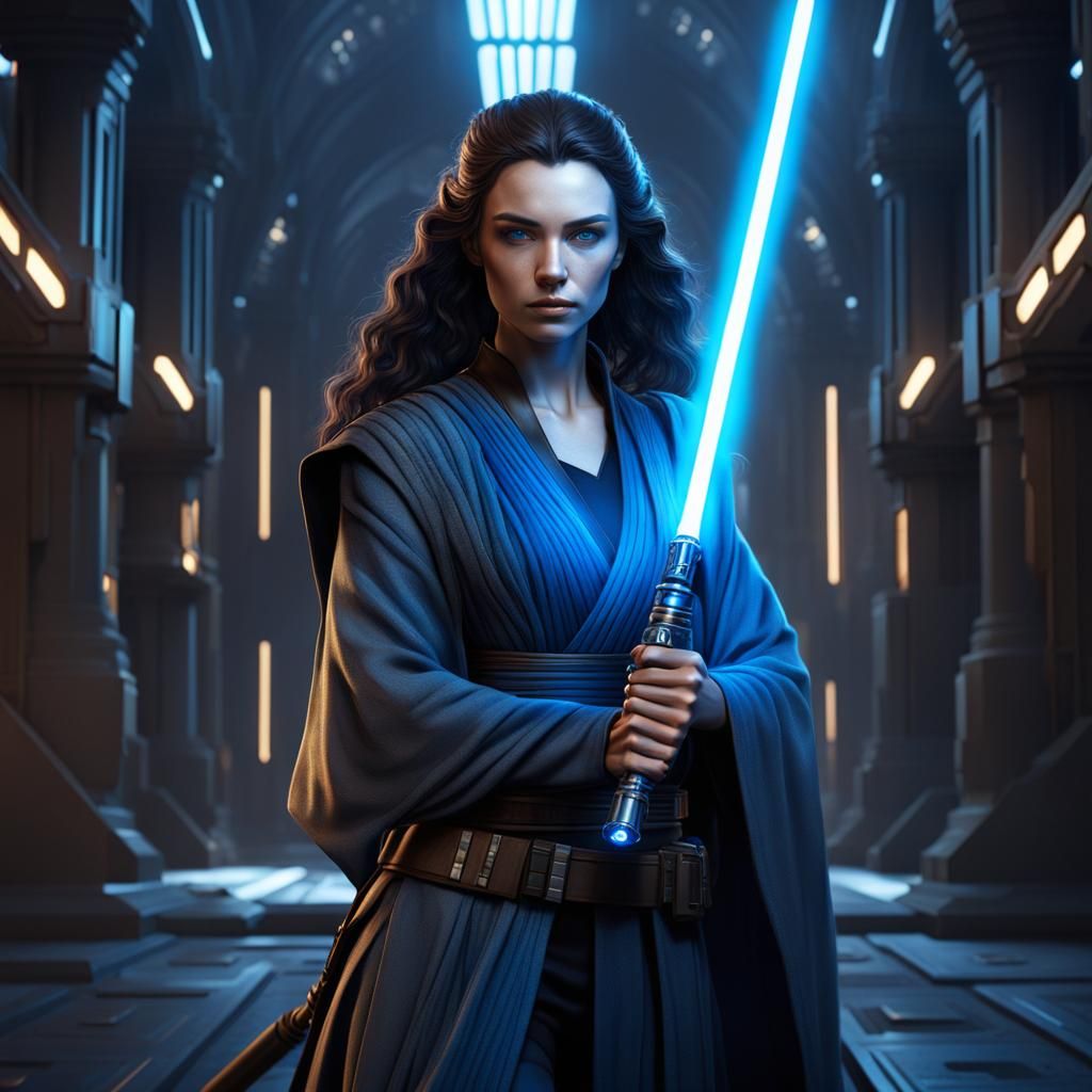 Female Jedi Knight with Blue Lightsaber in Detailed Painting