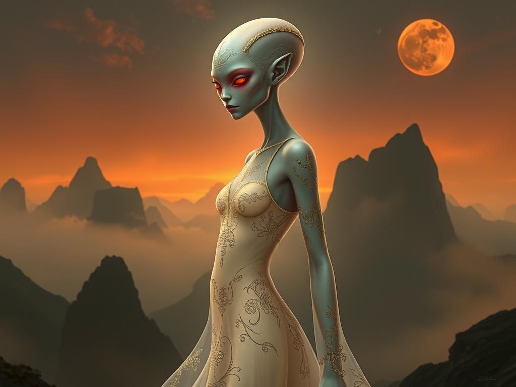 An otherworldly, slender alien female with green skin.