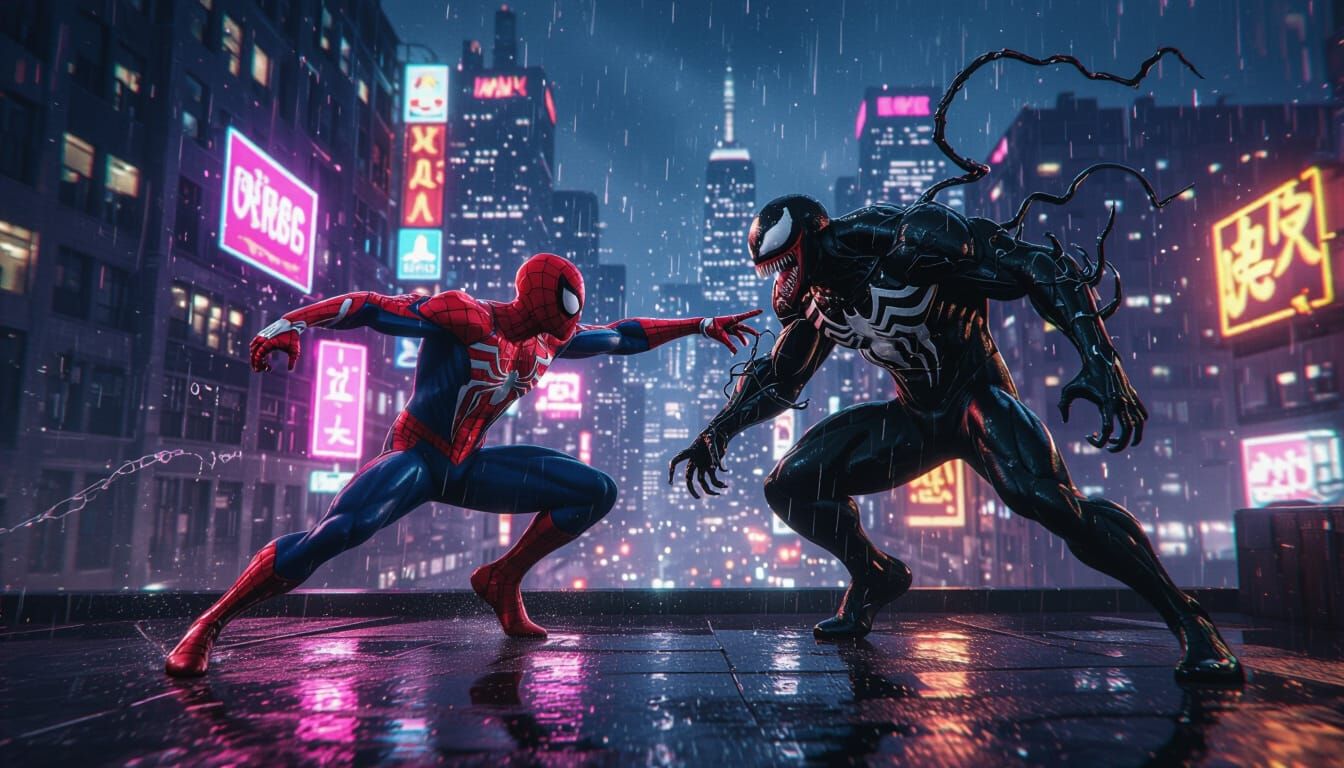 Spider-Man vs Venom on Rainy Rooftop Night