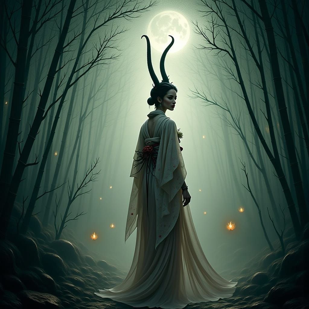 Ethereal Yokai Woman in Bamboo Forest: Airbrush Art