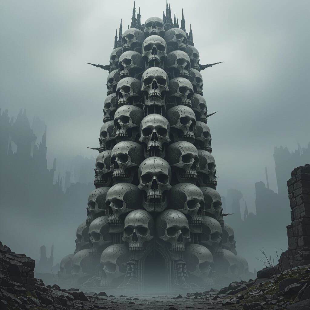 Ominous Skull Tower in Dark Surrealist Style