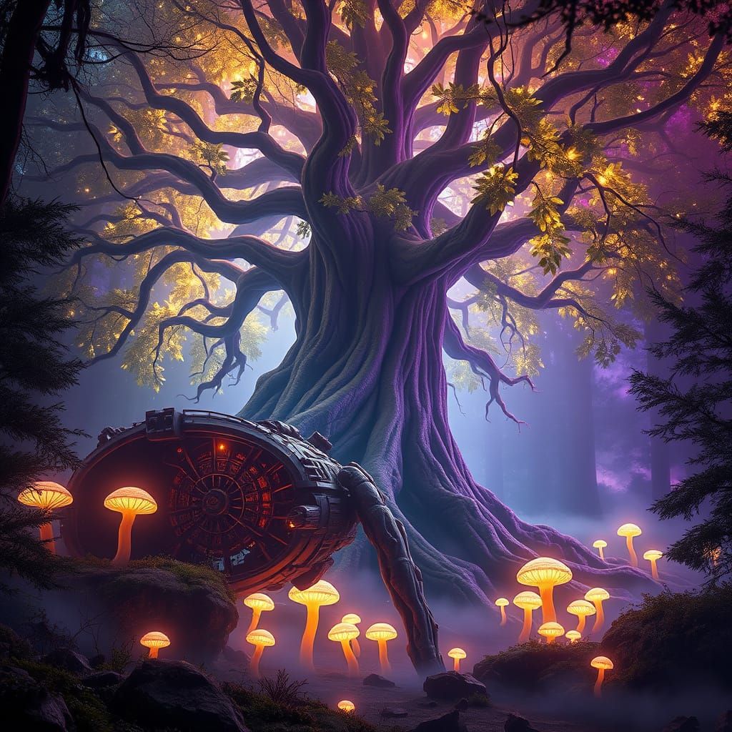 Ancient Bioluminescent Tree & Crashed Starship in Dark Fanta...