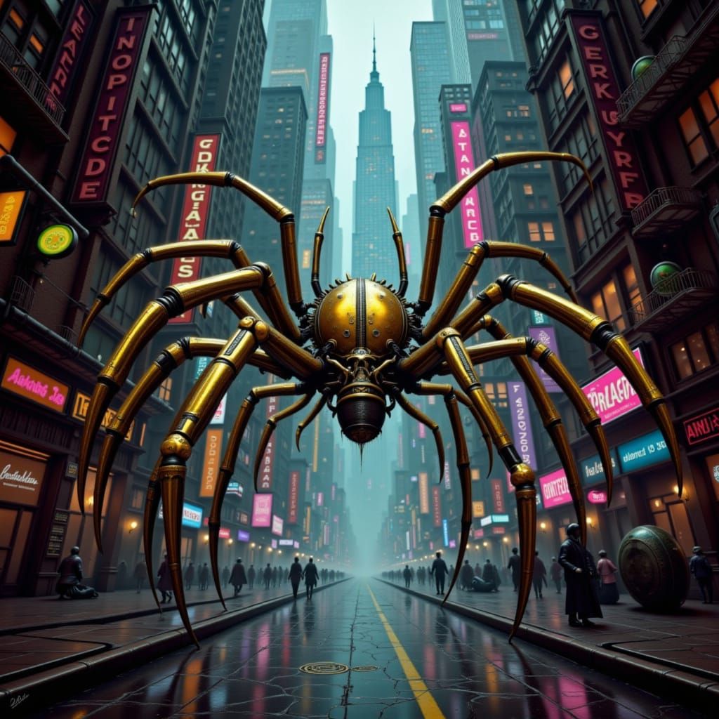 Clockwork Spider Weaving Light Between Art Deco Skyscrapers