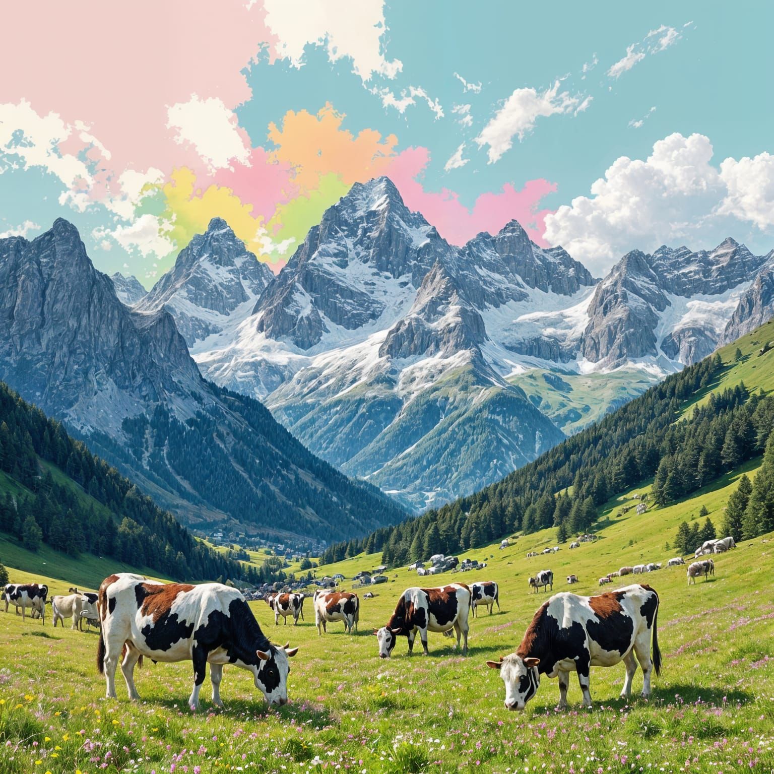 Glitch Art Cows in Swiss Alps Valley