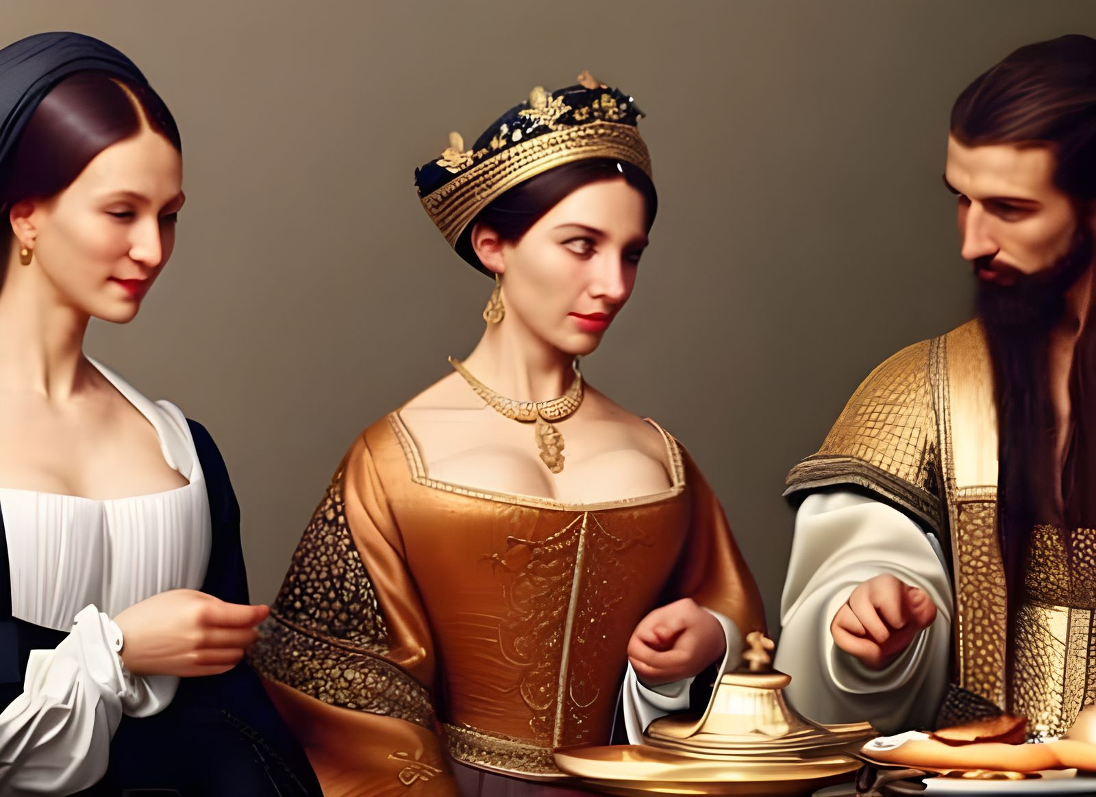 Renaissance Women Chatting Over Coffee, Detailed Painting