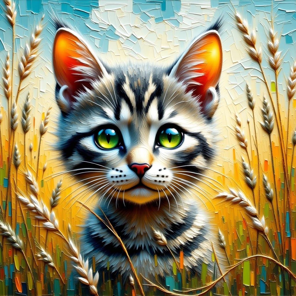 Cute Tabby Cat Peeking Through Prairie Grass as Impasto Pain...