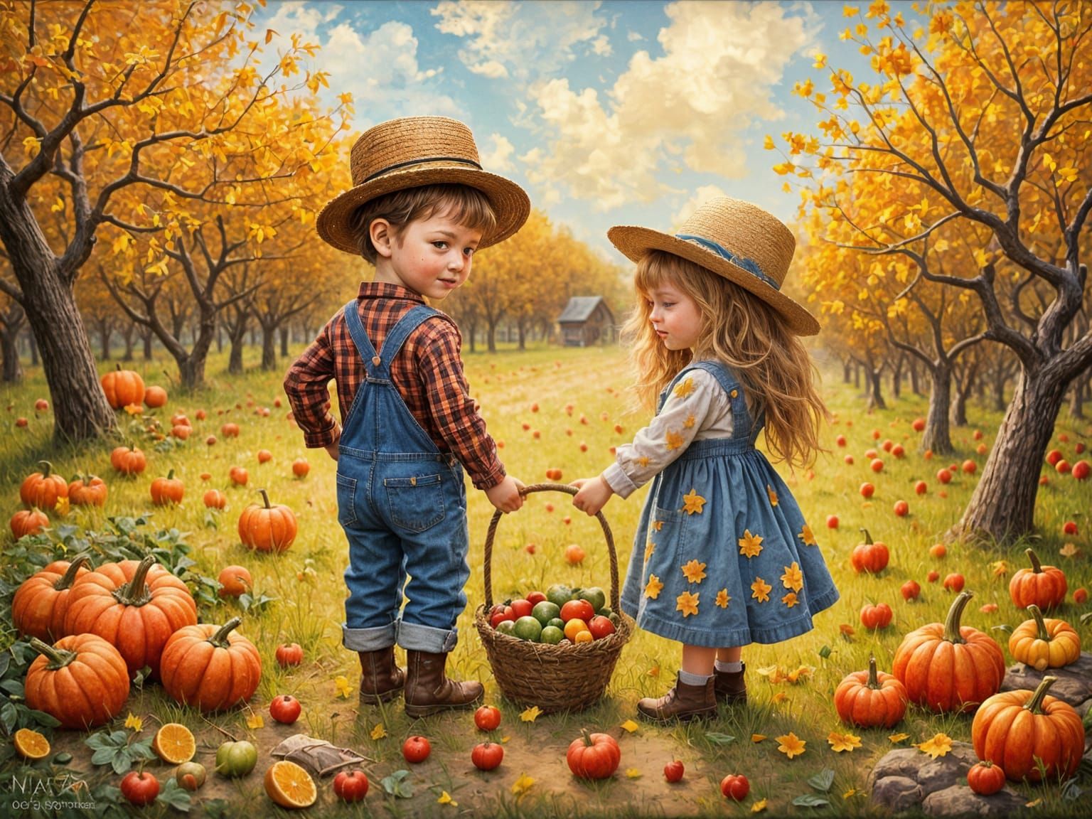 Cute Scarecrow Caricature in Autumn Orchard as Impasto Paint...