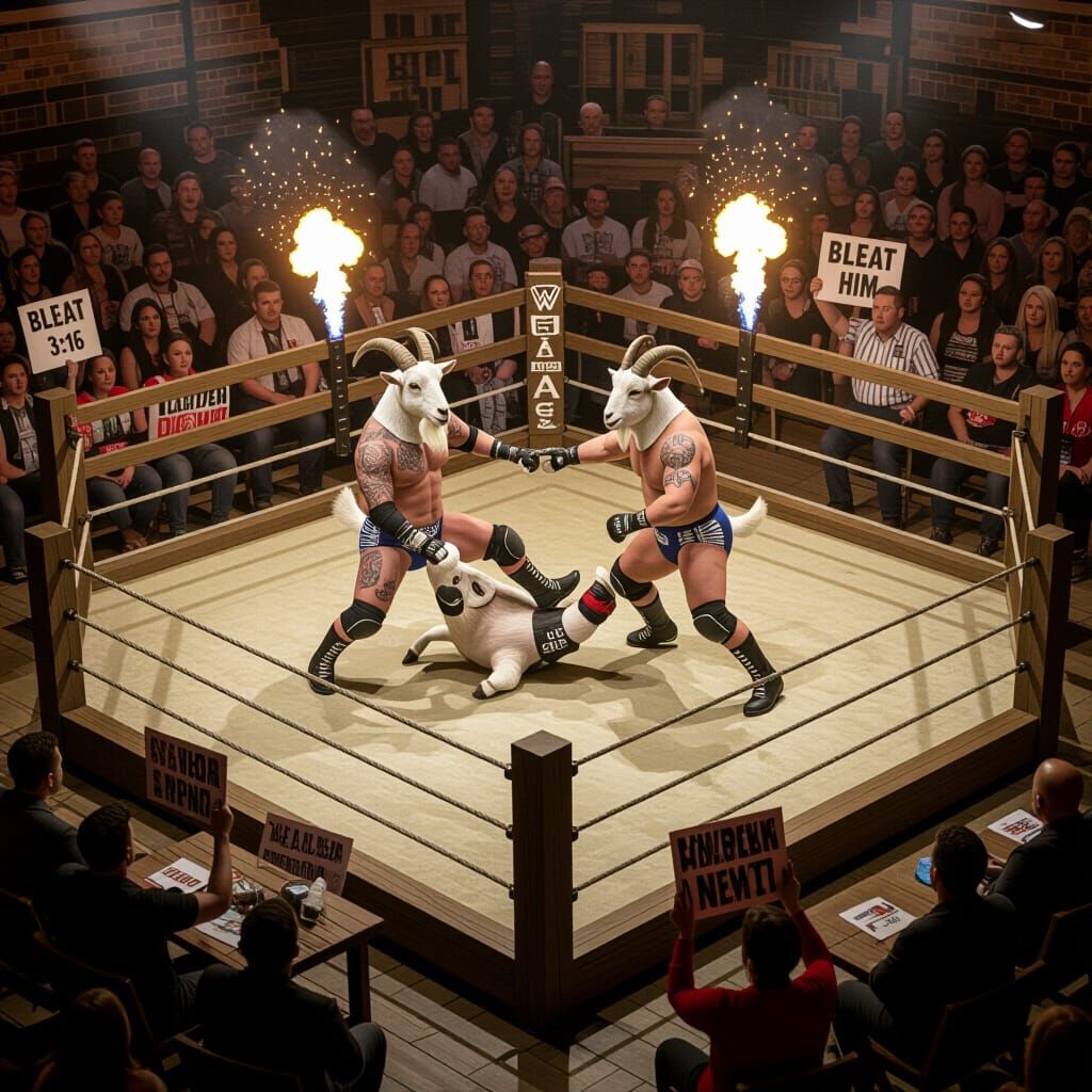 Epic Goat Wrestling Poster in Surreal Comedy Style