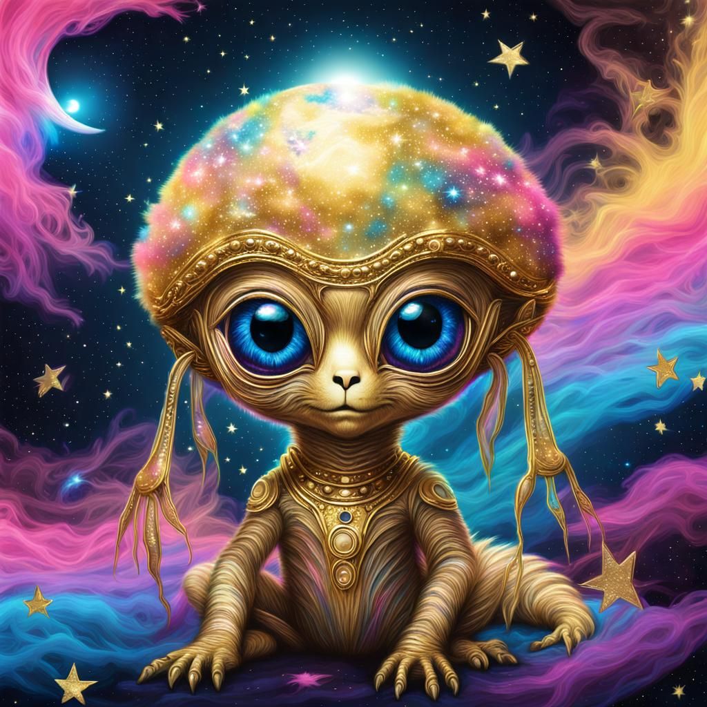 Rainbow Fur Alien Baby in UFO, Graffiti Art