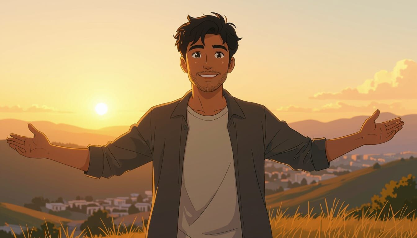 Young Indian Man on Hilltop at Sunrise, Studio Ghibli Style