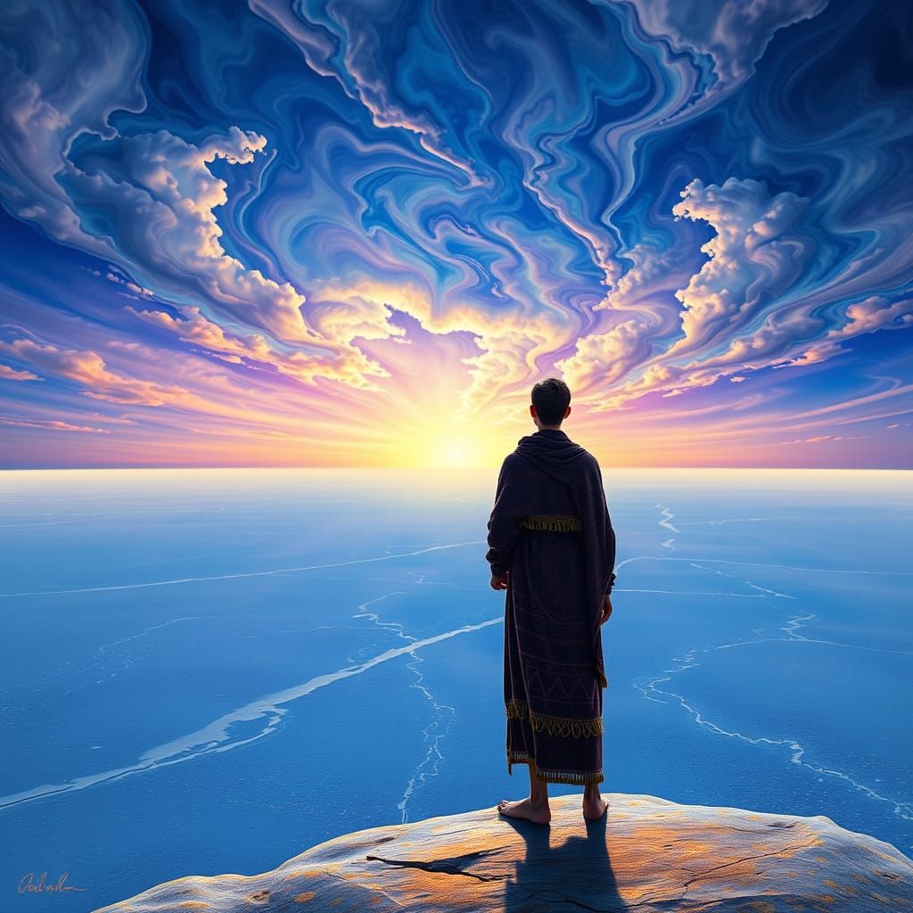Surreal Figure Gazing at Iridescent Sky