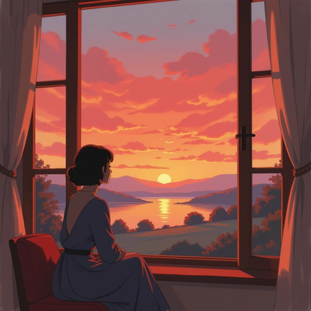 Woman Gazing at Abendrot Sky in Whimsical Style